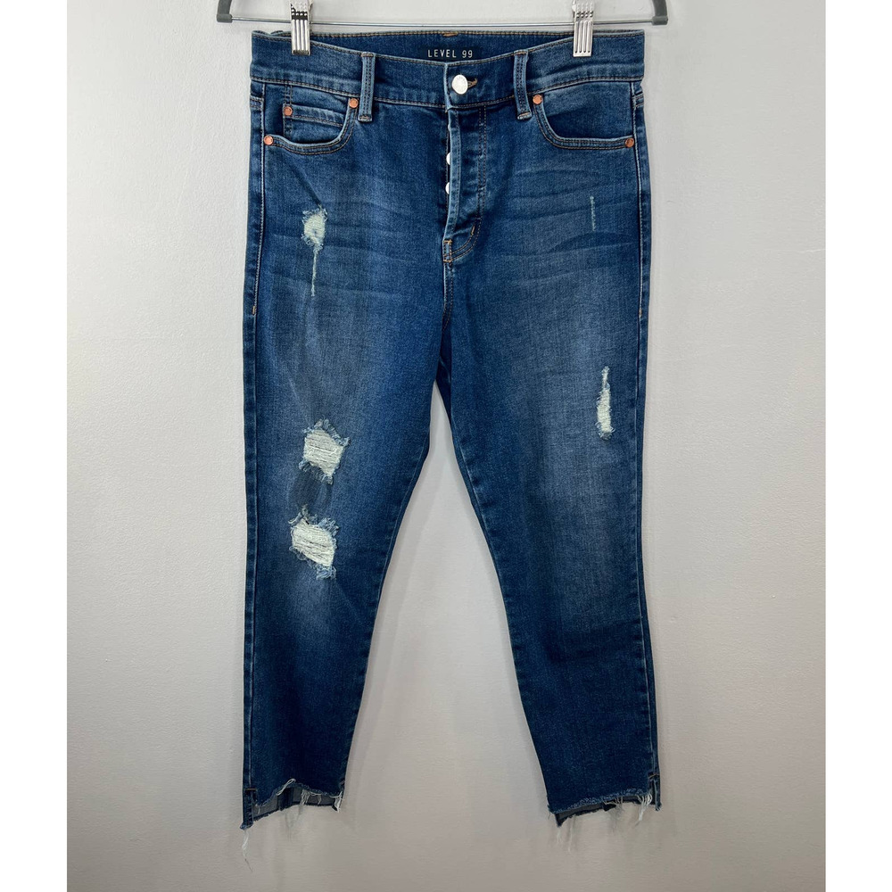 Level 99 Button Fly Distressed Raw Step Hem High Rise Jeans Medium Wash Blue 29